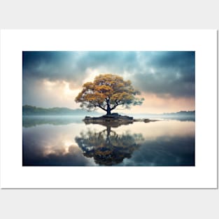 Tree In Calm Lake Serene Landscape Posters and Art